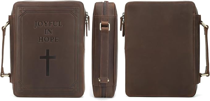 Polare Full Grain Leather Bible Cover Church Bag Carrying Book Case Bible Protective with Handle and YKK Zipper 11.2x8.25x2.3 inch Christian, Religious Gifts for Men