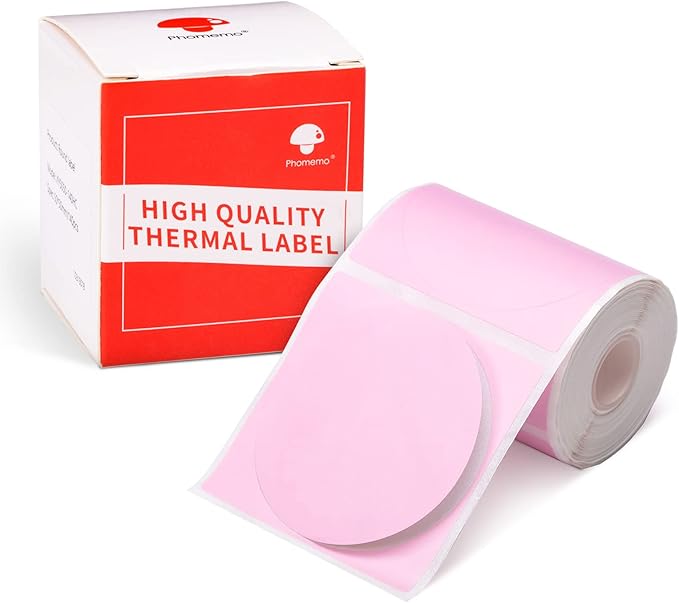 Phomemo Circle Labels for M110/M110S/M120/M200/M220 Label Maker, 1.96" x 1.96"（50x50 mm） Round Thermal Label for Barcode Labels, DIY Logo Design, Black on Pink