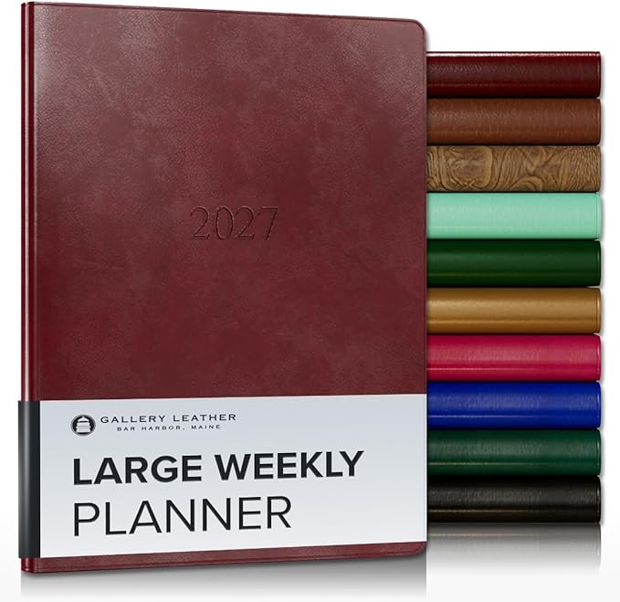 Gallery Leather Large Weekly Monthly Planner 2027, Elegantly Bound Calendar Planner and Notebook with Stylish Gold-Gilded Page Edges, 12 Months - Acadia Deep Red - 9.75x7.5"