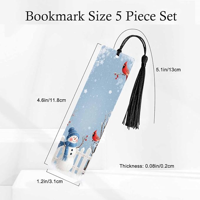 Snowman Bookmarks Set 5 with Tassels Winter Cardinal Bird Blue Christmas Wooden Bookmarks for Reading Women Men Students Teachers School Supplies