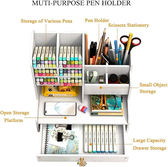 Hggzeg White Pen Organizer with Drawer, DIY Pencil Holder Desk Tidy Caddy Office Stationery Desktop Organiser for Home, Office and School (PB17 White)