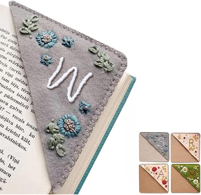 Personalized Hand Embroidered Corner Bookmark, 26 Letters Cute Flower Embroidered Corner Bookmark Embroidery Book Marker Clip for Book Lovers Bookmarks for Reading Lovers Meaningful GIF (Winter, W)