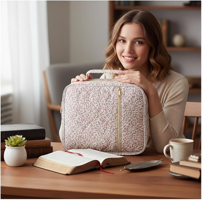 Bible Cover Case for Women,Bible Tote Bag Large Quilted Bible Cover Study Supplies Accessories with Durable Handle Carrying Case Christian Gifts for Girls (Mini Pink Flower)