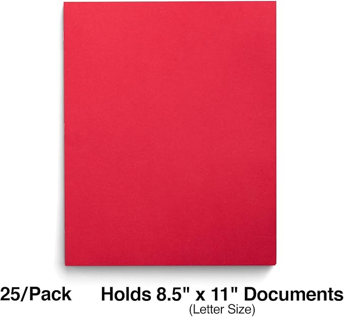 Staples School Grade 2‑Pocket Folders with Fasteners, Red, Letter‑Size Durable Classroom & Office File Folders, 25/Box