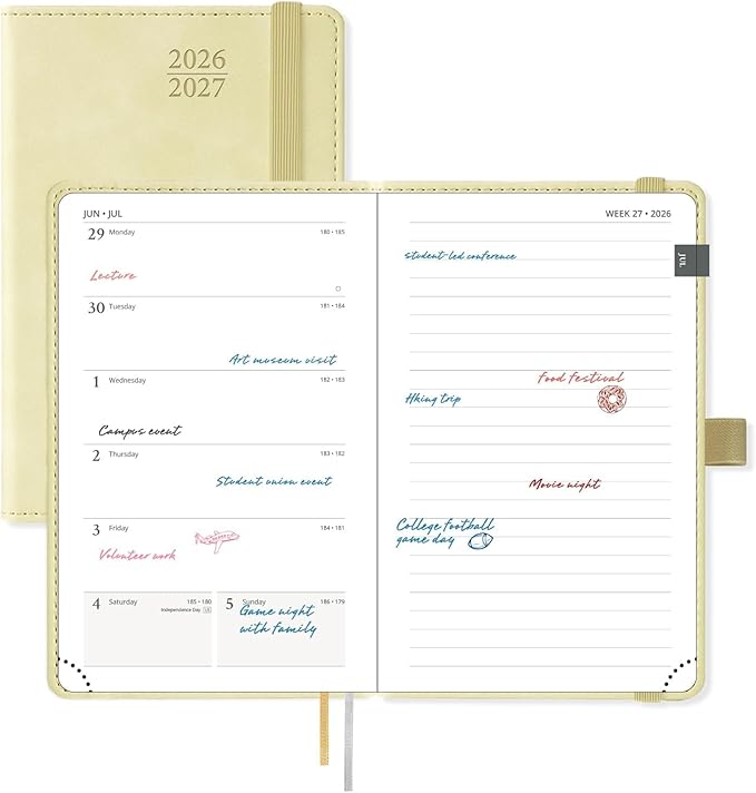 POPRUN 2026-2027 Pocket Planner (Size 4''x 6.25'') Weekly and Monthly Academic Calendar (JUL.26 - JUN.27) with Note Page and Monthly Tabs, Inner Pocket, Leather Soft Cover, 100 GSM - Beige