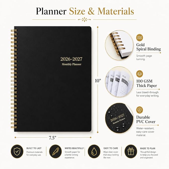 Monthly Planner 2026-2027, Jan 2026 - Dec 2027, 2 Year Calendar Planner, 7.5" x 10" Spiral Bound Monthly Agenda with Goals, To Do List, Habit Tracker & Notes Pages for School Office Home