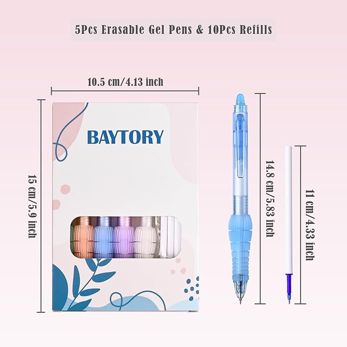 BAYTORY 5 Pcs Erasable Gel Pens, Fine Point 0.5mm Blue Ink Erasable Pen with 10 Refills, Comfort Grip Writing Pens with Erasers, for Office School & Home Supplies (Blue Ink)