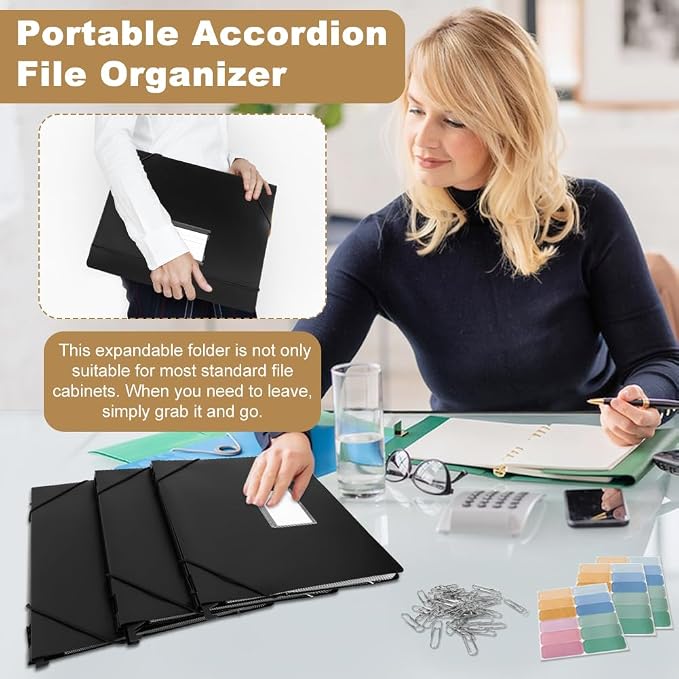 3 Packs Plastic Expanding Hanging File Folders with 3 Sheets Sticky Notes & 100 Paper Clips 7 Innovative Accordion Pockets, Large Capacity, Multi-Color Tabs for Filing Cabinet