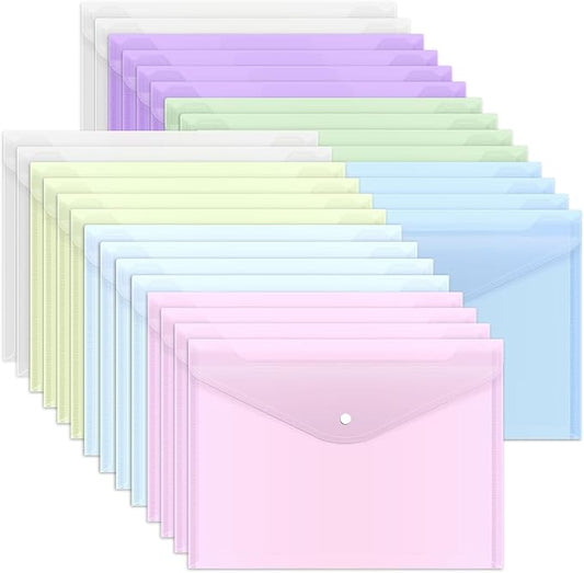 EOOUT 28pcs Plastic Envelopes, Plastic Folders for Documents, Poly Folders with Snap Closure, A4 Size, Letter Size, for School and Office Supplies