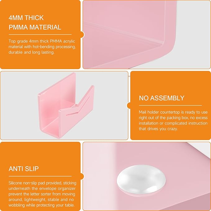 Beego Envelope and Mail Organizer Countertop - Pink Acrylic Desk Organizer Letter Holder Desktop File Sorter Bill Document Folder Rack for Office, Home, School Desk Organization