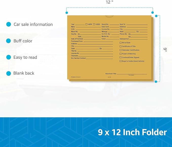 Vehicle Deal Jackets 9x12 Automotive File Folders - 32 lb Kraft Paper Car Dealership Inventory Jackets Sales Document Folders Plain File Jackets with Thumb Cut - Teal, Pack of 400