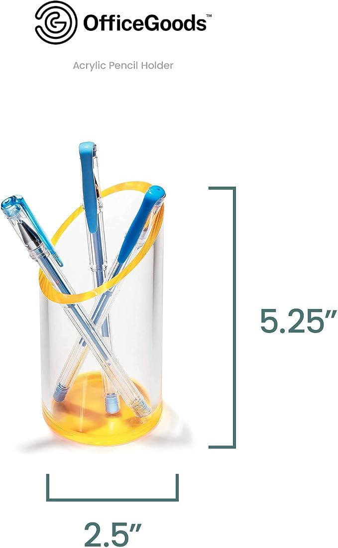 OfficeGoods Acrylic Pen & Pencil Holder - Modern Cylinder Design - Beautiful Desk Organizer for Home or Office - Contrasting Base & Rim - 5.25” H x 2.5” W - Neon Tangerine