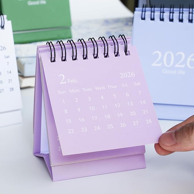 Mini Desk Calendar 2026-2027, January 2026 until July 2027, Small Desk Calendar Standing Flip Monthly Calendar Twin-Wire Binding with Stickers for Home Office School (Purple)
