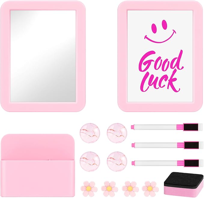 MoKo Locker Accessories Set, 15PCS Back to School Supplies Includes Magnetic Mirror, Whiteboard, Markers, Pen Holder, Magnets, Locker Organizer for School Office (Pink)