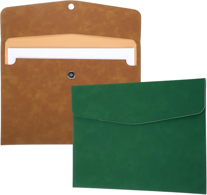 PATIKIL 2Pcs PU Leather File Folders, 13x9 A4 Document Holder Waterproof Envelope Folder with Snap Closure, Portable Portfolio Organizer Case for Paper Receipt, Brown/Green