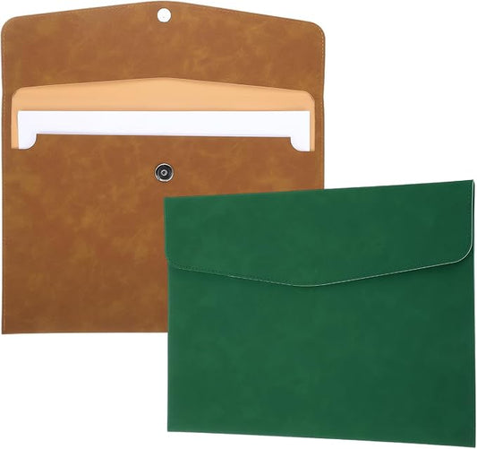 PATIKIL 2Pcs PU Leather File Folders, 13x9 A4 Document Holder Waterproof Envelope Folder with Snap Closure, Portable Portfolio Organizer Case for Paper Receipt, Brown/Green