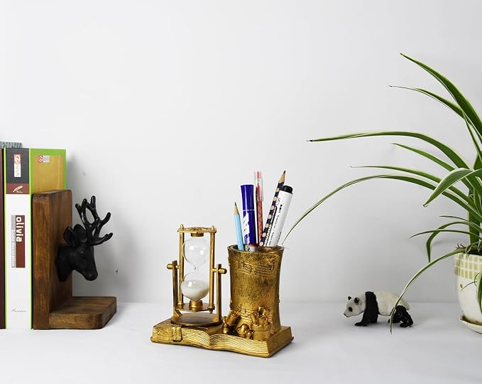 Owlgift Music-Themed Pencil Holder with Hourglass, Resin Desktop Organizer for Office & Study, Pen Holder with Sand Timer, Classic Addition Scissors Storage, Artistic Accessory Gift