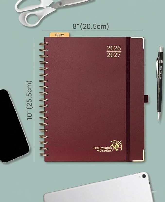 POPRUN 2026-2027 Academic Year Weekly and Monthly Planner Calendar,Jul 2026 - Jun 2027，10" x 8"， Daily Agenda Book & Appointment Book with Hourly Schedule, Tabs, Hardcover, School and Office Supplies - Burgundy