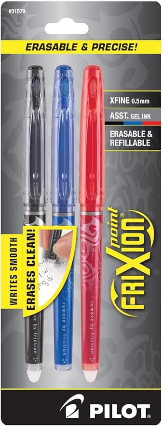 Pilot, FriXion Point Erasable & Refillable Gel Ink Pens, Extra Fine Point 0.5 mm, Pack of 3, Black, Blue & Red
