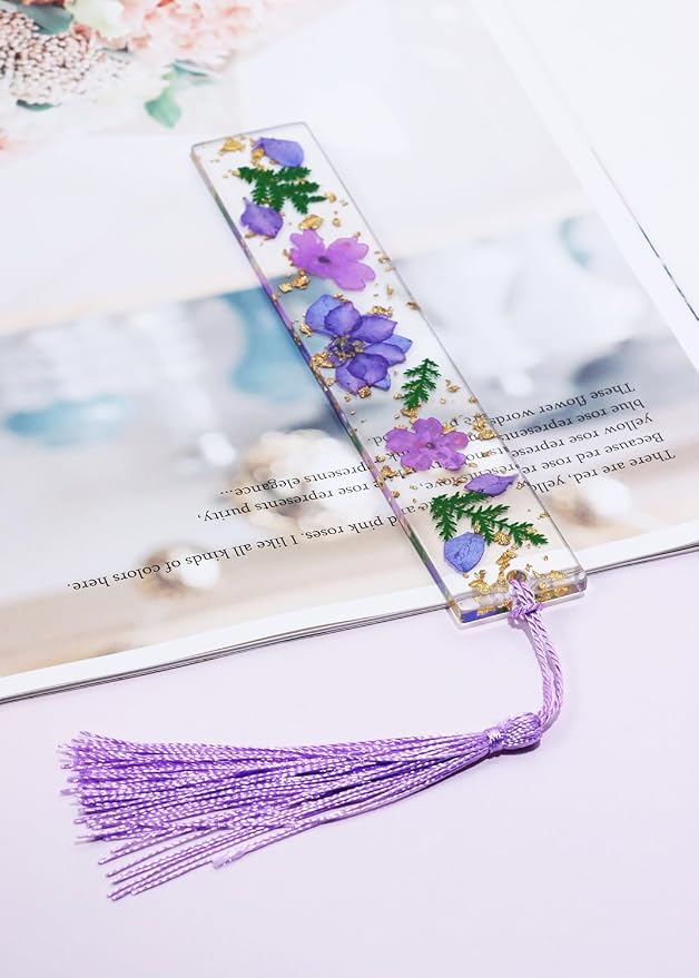 Penta Angel Dried Flower Resin Bookmarks Handmade Clear Pressed Floral Page Markers with Silky Tassel Reading Gift for Women Adults Graduation Valentine’s Day Christmas (Purple)