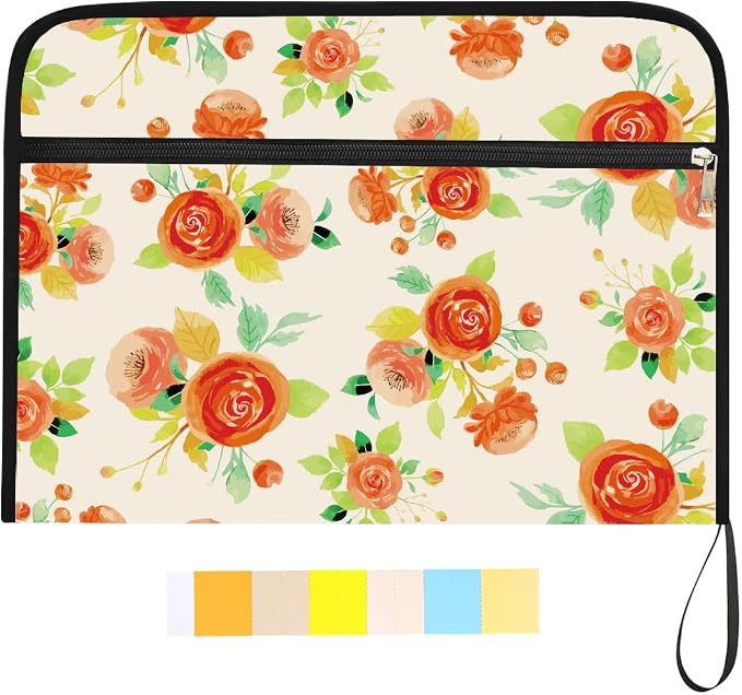 WEBEEDY 13 Pockets Watercolor Flower Expanding File Folder Floral Accordion Folder File Organizer with Labels and Zipper, Portable Expandable Paperwork Organiser for A4 Paper Document Photo Receipt