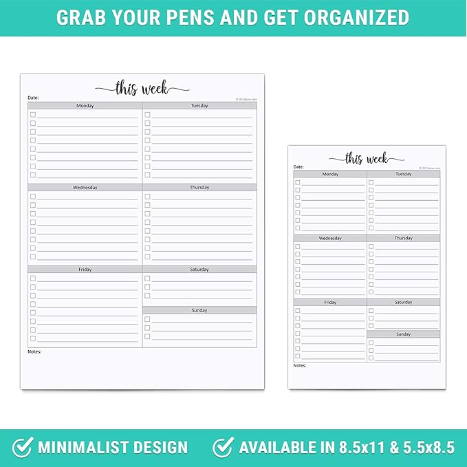 321Done Weekly Checklist Notepad - 50 Sheets (5.5" x 8.5") - This Week to Do Notepad Tear Off Planning Pad, Planner Checklist Organizing - Made in USA - Simple Script