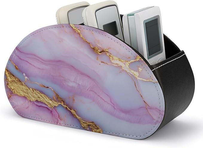 Pink Golden Veins Marble Texture Remote Control Holder with 5 Compartments Leather TV Remote Caddy Remote Storage Box Desktop Organizer for Pen/TV Remotes/Media Controllers/Office Supplies