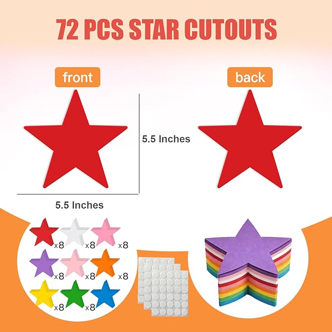 72 Pcs 5.5 Inches Large Paper Star Cutouts, 9-Color Assorted Star Shape Die Cut for Bulletin Board Decor, Classroom Wall, Patriotic 4th of July Party Decor, Teacher School Supplies, DIY Crafts