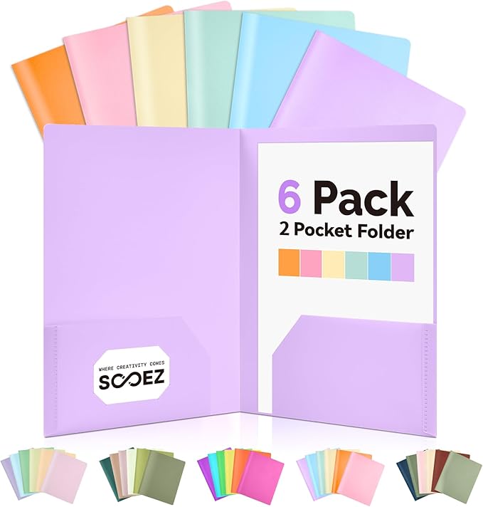 Sooez 6Pack Folders with Pockets, Pocket Folders with Extra Labels, Plastic Folders with Pockets, 2 Pocket Folders Bulk, Heavy Duty File Folders, School Folders Business Folder Office Filing Supplies