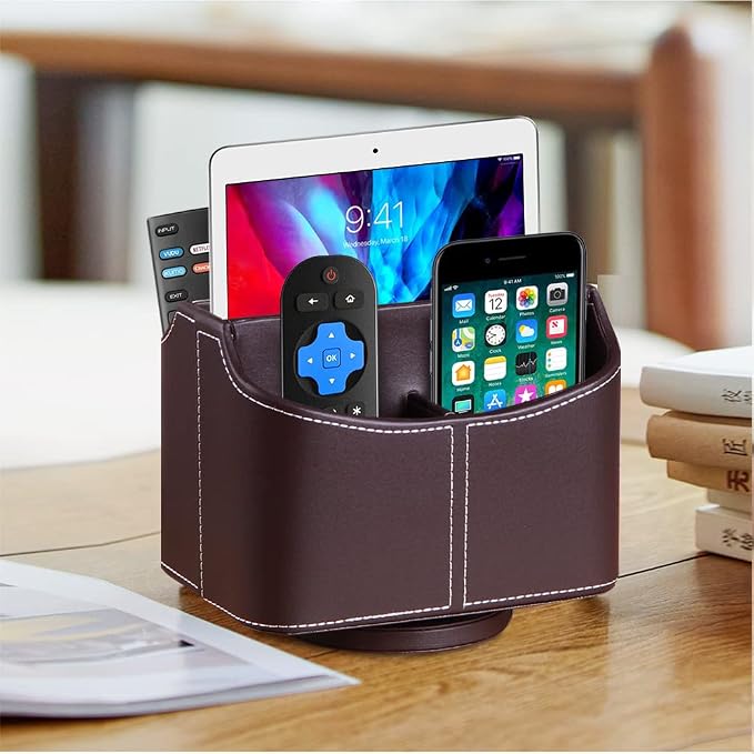 360° Rotating Remote Control Holder, PU Leather TV Remote Caddy Organizer Basket Storage Box with 5 Compartments for Pen, Pencil, Art Supplies, Makeup Brush, Office Desk Table Accessories