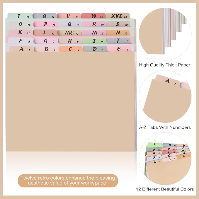 1 Set 25 Pack Alphabet File Dividers Letter Size, 1/5 Cut Tab A-z File Guides Number Folder Organizer for Filing Cabinet and Desk Home Office School(Classic Color)