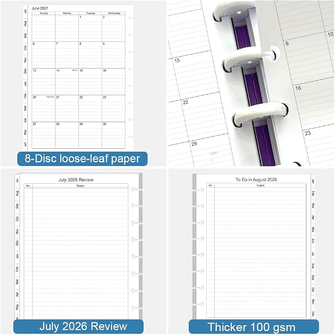 2026-2027 Monthly Planner Refills, Two Pages Per Month,Jan 2026 to Dec 2026, A5 Size,5.8" x 8.25",8-Discbound，2026-2027 Monthly Planner Inserts