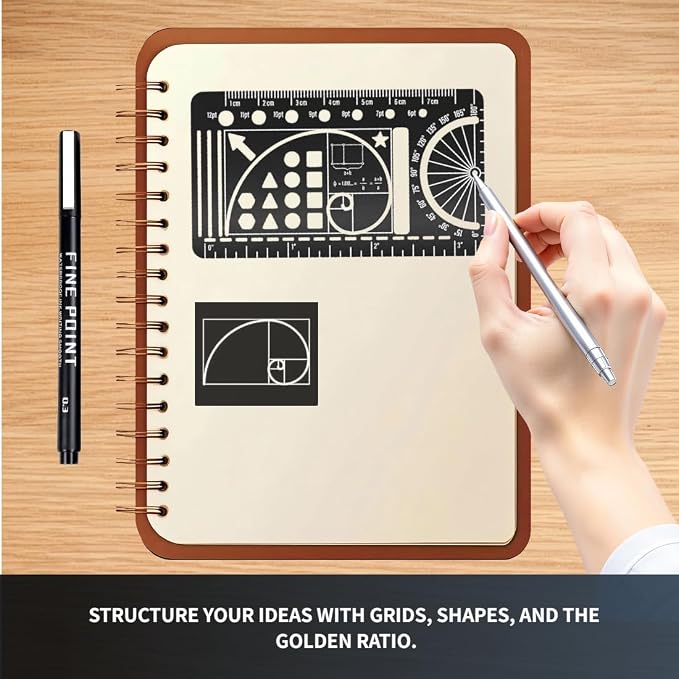 Planner Bullet Journal Stencil,Set Stainless Steel Stencils Metal Bookmark with 3 Fineliner Pens Set,Ruler Conversion, Protractor & Golden Ratio Stencils for Journaling,Bible Study,Sketching & Notes
