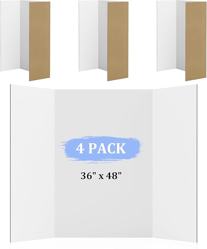 AKONEGE 4 Pack 36" x 48" Trifold Poster Board for Presentation, White Corrugated Cardboard Large Tri Fold Poster Board for Science Fair, Office & School Projects, Photo Displays, Exhibitions Event