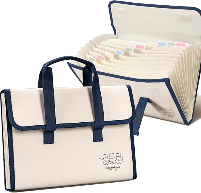 Accordion File Organizer with Handle,13 Pockets Expanding File Folder, Waterproof Oxford Canvas Organizer Accordion File Keeper for Letter Size / A4 File, for Office, School (Beige)