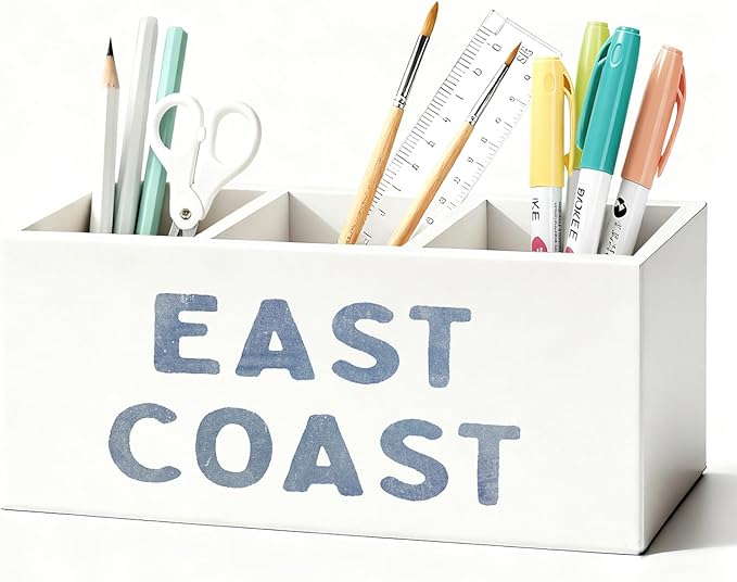 Blue Coastal Beach Pen Pencil Holder for Desk, Beach Office Decor, East Coast Coastal Cowgirl Beachy Wooden Box Sign Decorations for Girly Room Bedroom Dorm Office Desk Tabletop