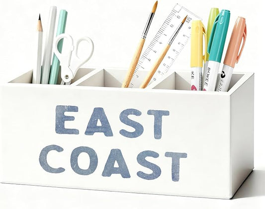 Blue Coastal Beach Pen Pencil Holder for Desk, Beach Office Decor, East Coast Coastal Cowgirl Beachy Wooden Box Sign Decorations for Girly Room Bedroom Dorm Office Desk Tabletop