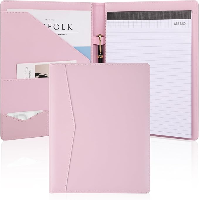 Pacific Mailer Padfolio Portfolio Leather Binder, Interview Legal Document Organizer, Business Card Holder Included Letter Sized Writing Pad [Pink, Piano Noir Faux Leather Matte Finish]