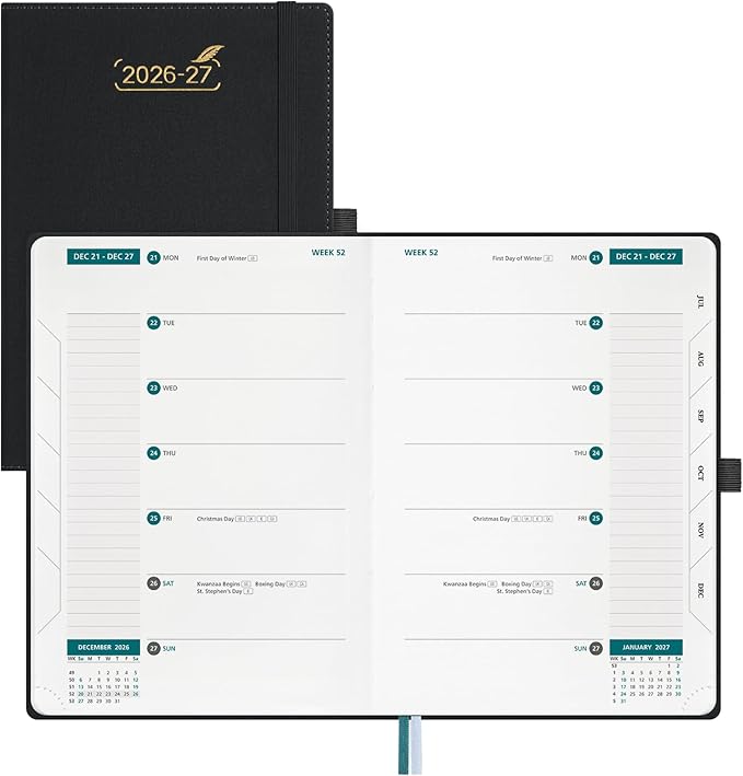 BEZEND Weekly Planner 2026-2027 (6" x 8.5") 2-Column Dual Schedule for Work/School/Home or 2 Person (Jul 26-Dec 27) 18 Months Academic Calendar with Tabs, PU Leather Hardcover -Black