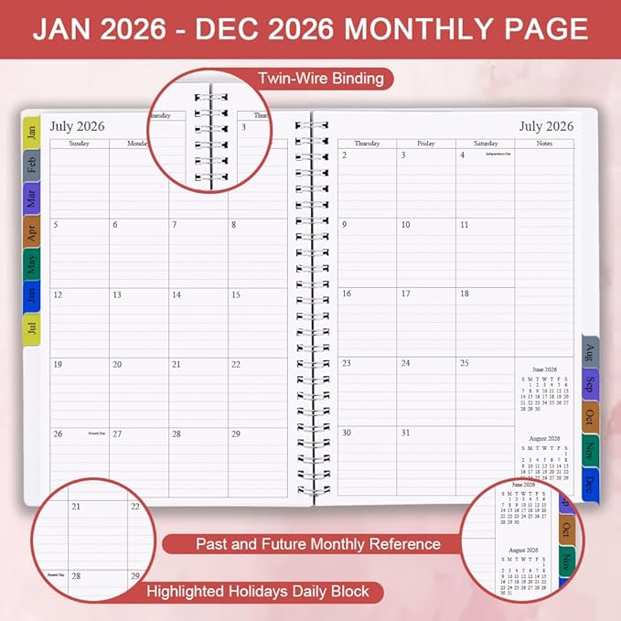 2026 Planner - Weekly & Monthly Planner Runs Jan 2026 to Dec 2026, 6.25" x 8.25", 12 Monthly Tabs, 14 Notes Pages, Inner Pocket, Flexible Cover with Twin-Wire Binding, Planners 2026 (Red, 6.25" x 8.25")