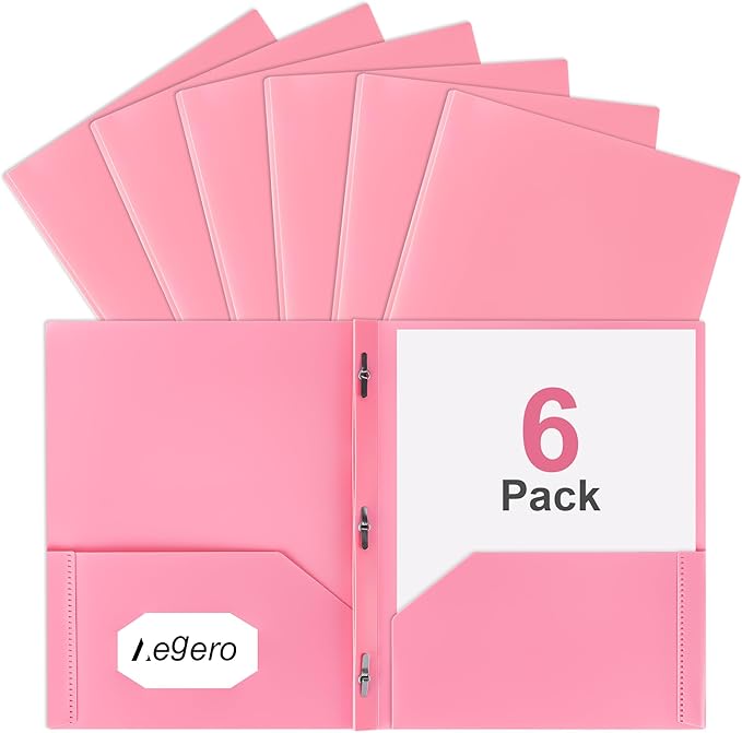 Aegero Folders with Pockets and Prong with Fasteners (6 Pack,Pink),Durable Plastic Pocket Folders with Prongs,Tear Resistant,2 Pocket 3 Prong Folders for Schoolwork & Office,Letter Size