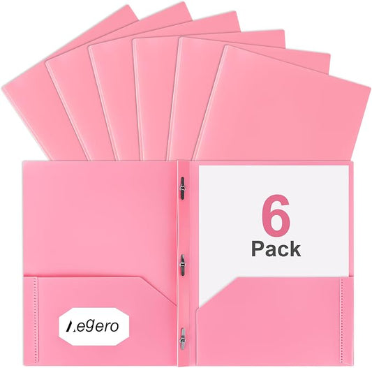 Aegero Folders with Pockets and Prong with Fasteners (6 Pack,Pink),Durable Plastic Pocket Folders with Prongs,Tear Resistant,2 Pocket 3 Prong Folders for Schoolwork & Office,Letter Size
