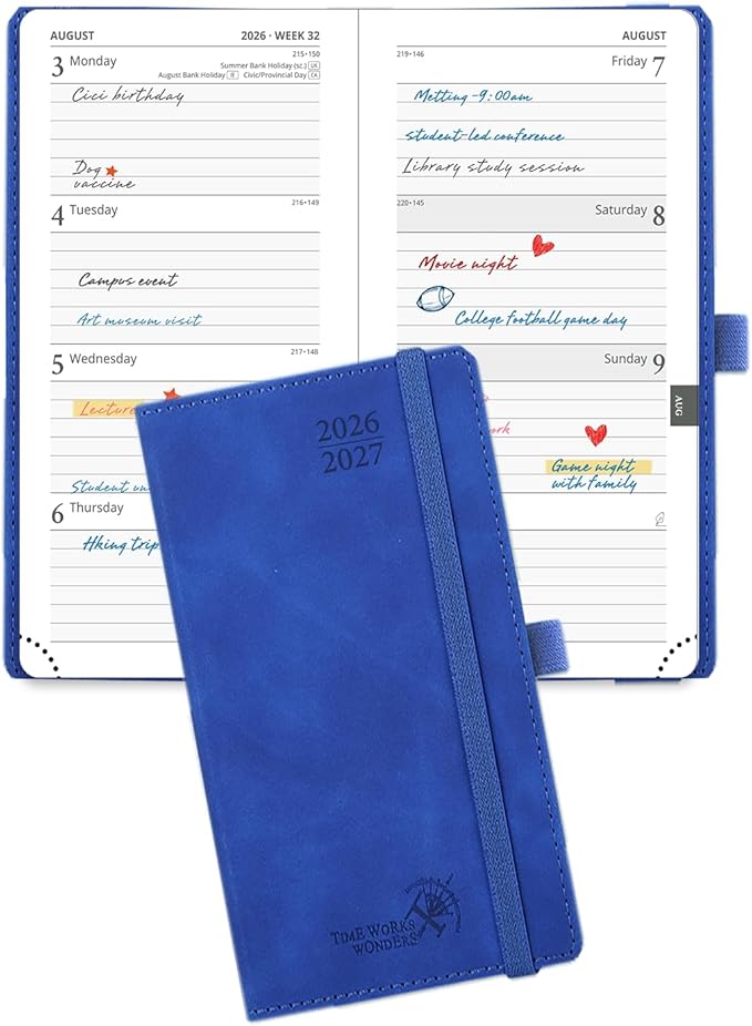 POPRUN 2026-2027 Pocket Weekly Planner for Purse, 3.5" x 6.5" Slim Size, Small Calendar from August 2026 to December 2027, Hardcover Appointment Book with Horizontal Layout, Monthly Calendar, 70 GSM Paper - Royal Blue