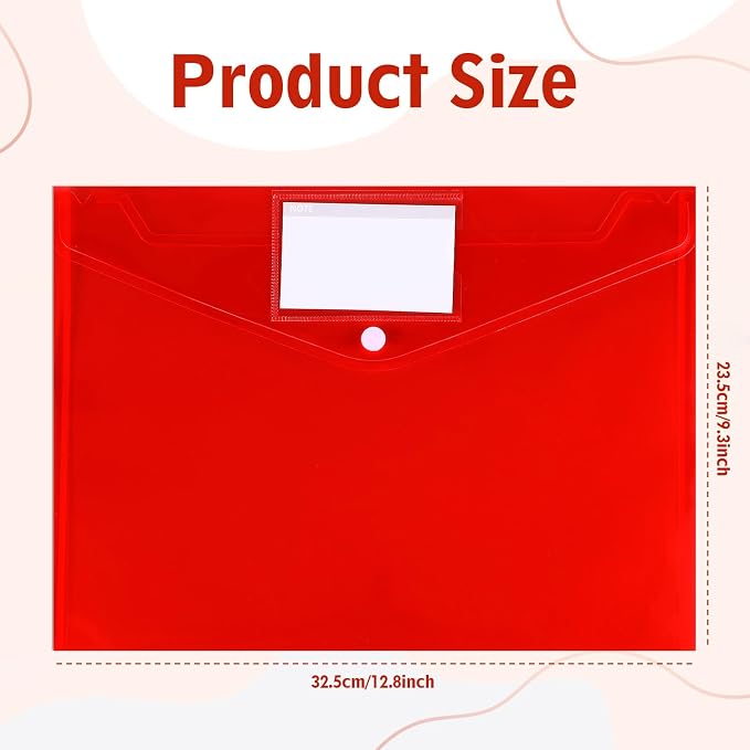 30 Pcs A4 Plastic Envelopes with Snap Closure, Red Plastic Envelopes A4 Size Poly File Folders, Plastic File Organizer with Label Pocket & Snap Button for School Home Organization (12.8 x 9.3 Inches)