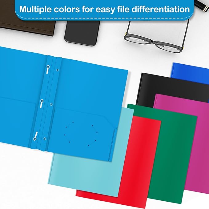 ViVin 12 Pack Plastic Folders with Pockets and Prongs, Heavy Duty 2 Pocket Folders with 3-Prong Fasteners, Poly File Holds 8-1/2" x 11" Paper for School Office Home (Sky Blue)