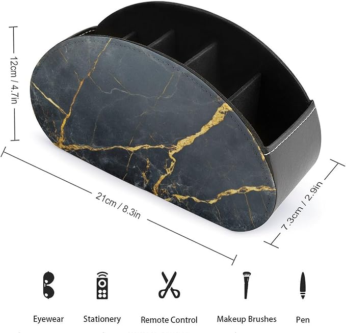 Polished Black Marble with Golden Veins Remote Control Holder with 5 Compartments Leather TV Remote Caddy Remote Storage Box Desktop Organizer for Pen/TV Remotes/Media Controllers/Office Supplies