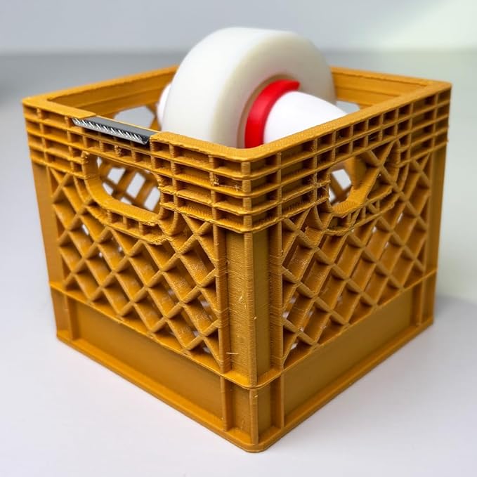 Mini Milk Crate Tape Dispenser - Cute Desk Accessories - Fun Office Supplies- Unique Unusual Desktop Organizer - Useful Novelty Practical Coworker Gag Gifts Vintage Decor Accents (Ochre Yellow)