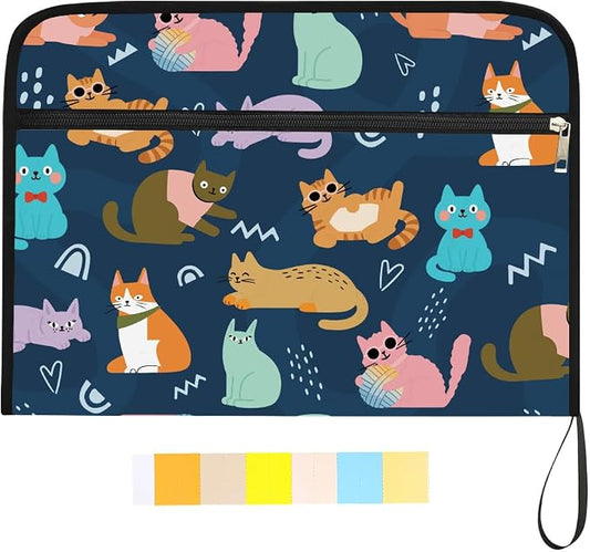 WEBEEDY Cartoon Cat Expanding File Folder 13 Pockets Cute Cat Accordion File Organizer with Labels and Zipper, Waterproof Portable Document Organiser for A4 Paper Photo Letter Receipt Paperwork