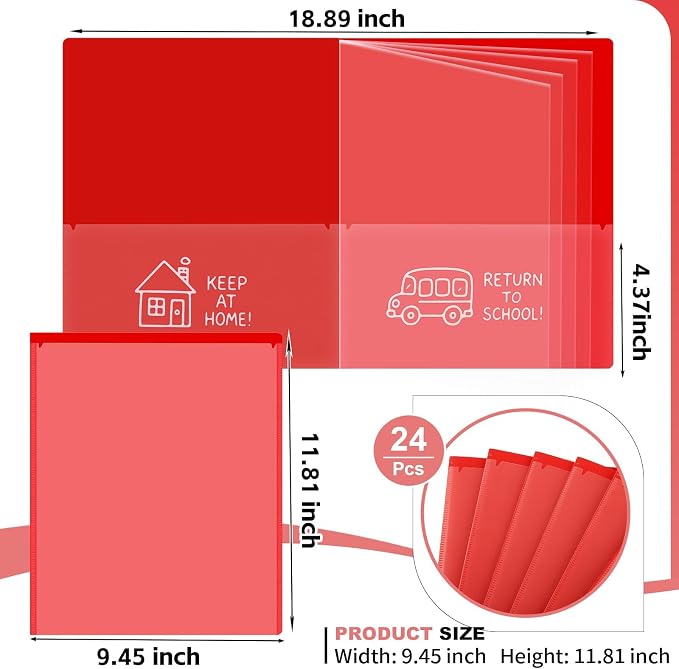 24 Pcs Back to School Take Home Folders for Elementary Students 2 Pocket Folders with Clear Front Pocket 4 Inner Pockets Plastic Parent Teacher Communication Folder 11.81 x 9.45 Inch (Red)