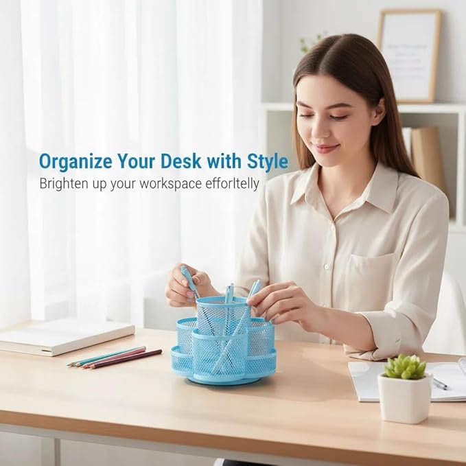 Grid Desktop Storage Box, 7-Compartment Individual Storage Boxes, Rotatable, Metal Material, 6.89 inches wide, 3.94 inches high (Blue)